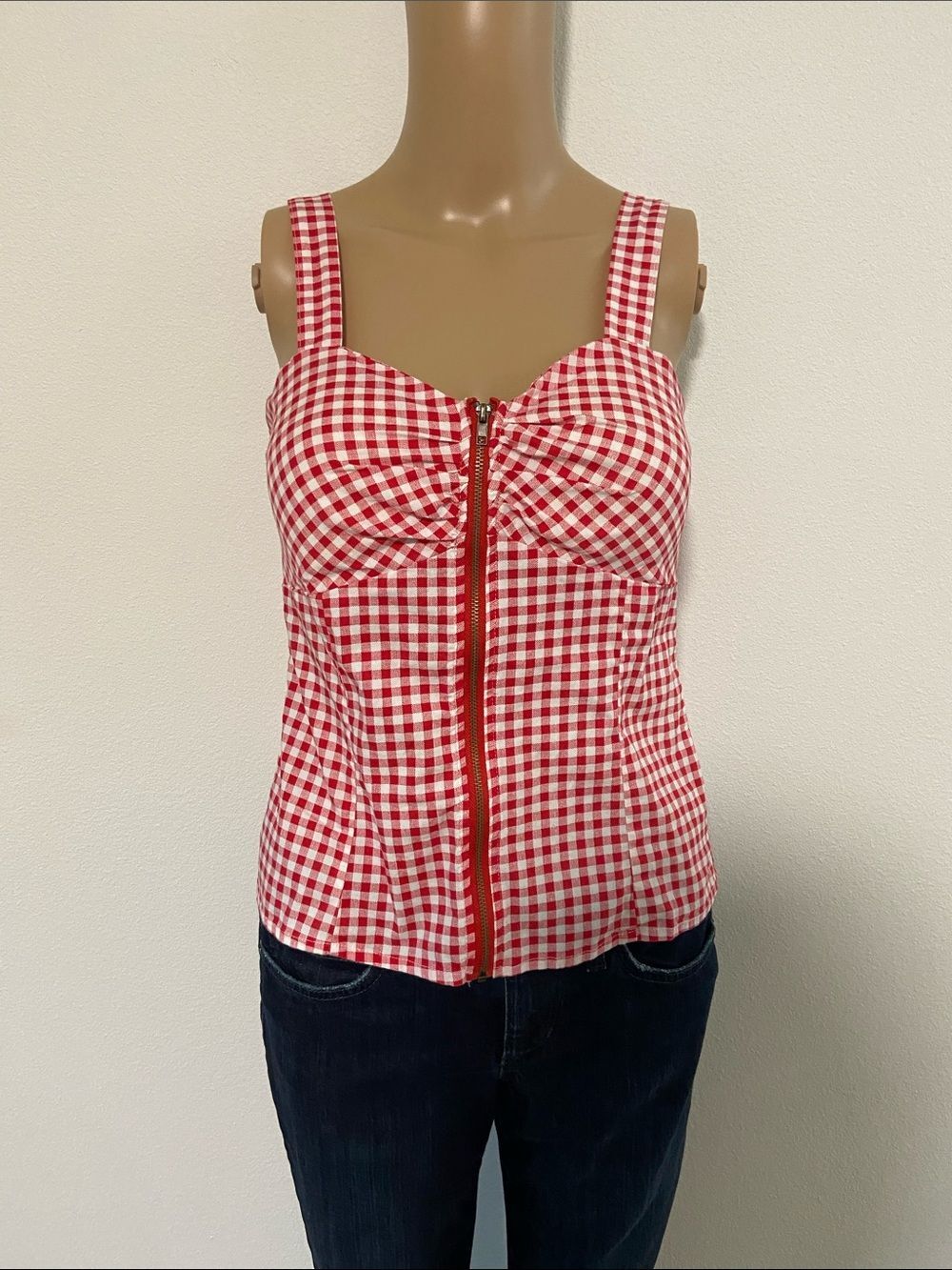 Liberty Love Red and White Gingham Zip-Front Camisole Sz M